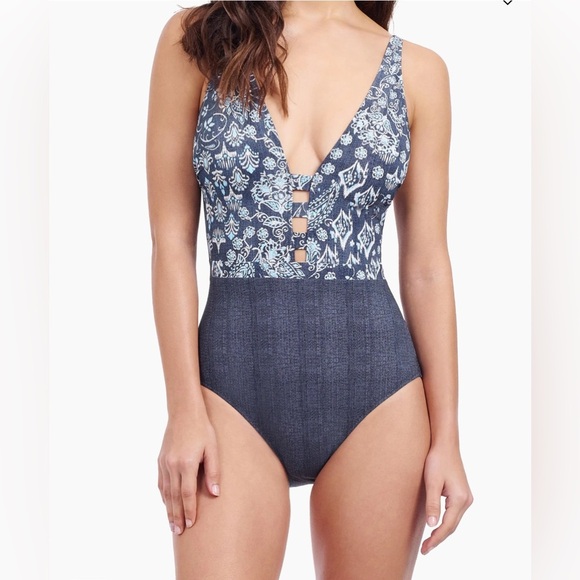 Profile by Gottex Flores Halterneck One-Piece Swimsuit Blue Print Size 14 - Picture 1 of 1